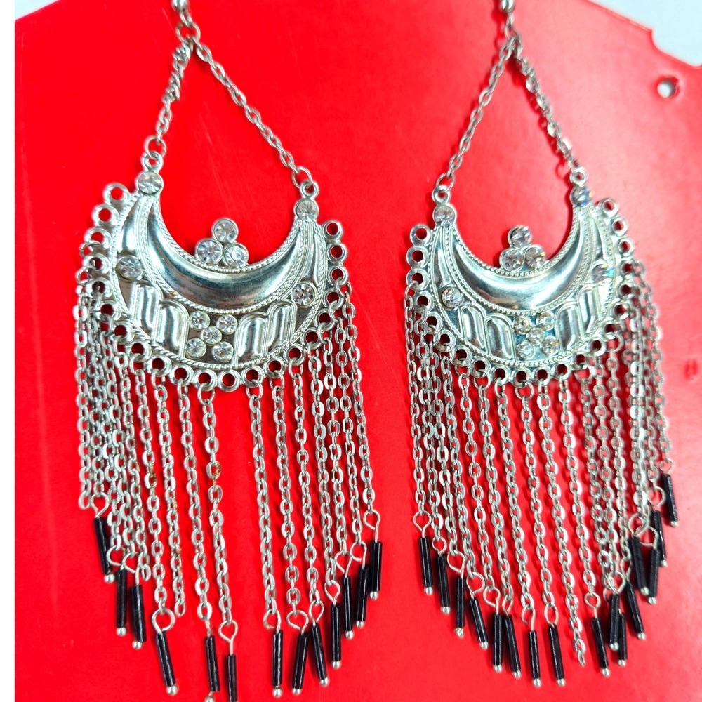 Vtg Silver Tone Boho Chandelier Tassel Earrings Rhinestone Black Bead 5.5" Hook